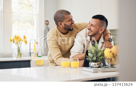 Lgbtq, gay and couple hug in kitchen for bonding, happiness and relax together at home. Love, dating and men embrace, laughing and happy in apartment for funny conversation, talking and affection 137415624