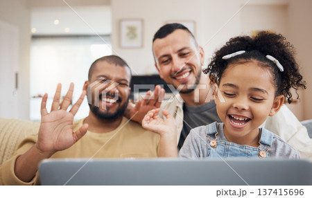 Gay family, waving and video call on laptop on home sofa with a child for communication and internet. Adoption, lgbt men or parents with a kid and technology for streaming, connection and happiness 137415696