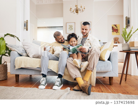 Gay parents on a couch, girl and reading book with a smile, home and education with bonding, relax and weekend break. Fathers, female child and kid with lgbtq, storytelling and fairytale in a lounge 137415698