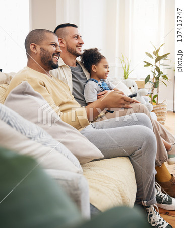 Gay family, watching tv and movies on home sofa with a child for streaming, entertainment or fun. Lgbt men or parents and girl kid relax with remote control for subscription, cable show and happiness 137415747
