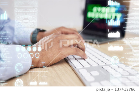 Laptop, hologram and hands of business person in office for networking, website ui and digital overlay. Cybersecurity, programming and worker on computer for user interface, coding software and data Laptop, hologram and hands of business person in office for networking, website ui and digital overlay. Cybersecurity, programming and worker on computer for user interface, coding software and data 137415766