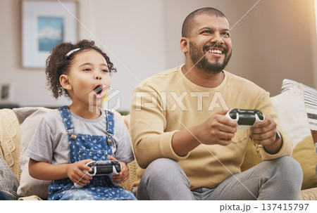 Father, girl and gaming controller on sofa with challenge, shout and wow in competition, bonding and house. Man, daughter and excited with esports, contest and strategy with thinking in family home Father, girl and gaming controller on sofa with challenge, shout and wow in competition, bonding and house. Man, daughter and excited with esports, contest and strategy with thinking in family home 137415797