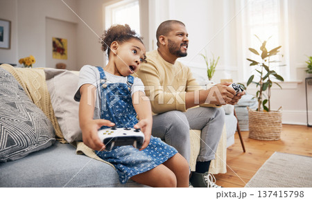 Dad, girl and video game controller on sofa with challenge, shout and wow in competition, bonding and house. Man, daughter and excited with esports, contest and funny with strategy in family home Dad, girl and video game controller on sofa with challenge, shout and wow in competition, bonding and house. Man, daughter and excited with esports, contest and funny with strategy in family home 137415798