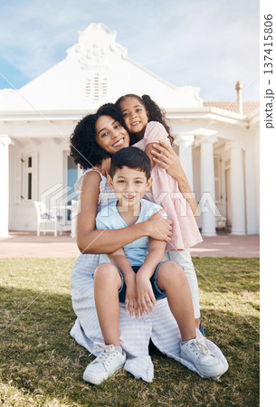 Portrait, love and children with a family in the backyard of their home together during summer. Smile, happy mother and real estate on the lawn in the garden of their new house for trust or care Portrait, love and children with a family in the backyard of their home together during summer. Smile, happy mother and real estate on the lawn in the garden of their new house for trust or care 137415806