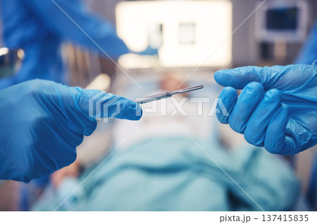 Hands, scalpel for surgery and collaboration in a hospital during an operation or emergency medical procedure. Teamwork, healthcare equipment and doctors in theatre together to save a patient closeup Hands, scalpel for surgery and collaboration in a hospital during an operation or emergency medical procedure. Teamwork, healthcare equipment and doctors in theatre together to save a patient closeup 137415835