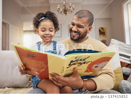 Father, daughter and book on sofa with smile, bonding and love in storytelling in living room together. Happiness, man and child reading story on couch for fantasy, learning and education in home fun Father, daughter and book on sofa with smile, bonding and love in storytelling in living room together. Happiness, man and child reading story on couch for fantasy, learning and education in home fun 137415852