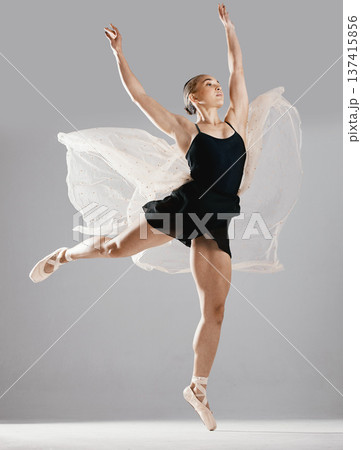 Ballet, woman or dancer with pose, training or performance on white studio background. Female performer, ballerina or artist with technique, stretch for a show or elegant art with creative or fitness Ballet, woman or dancer with pose, training or performance on white studio background. Female performer, ballerina or artist with technique, stretch for a show or elegant art with creative or fitness 137415856