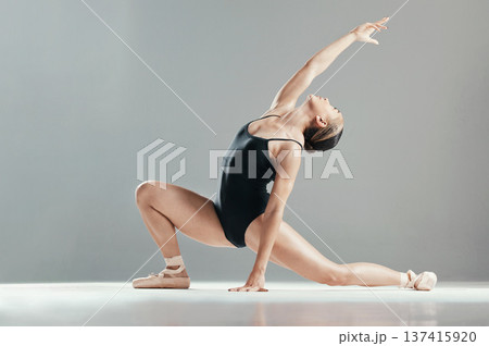 Dance, ballet and woman stretching in art performance in studio isolated on gray background mockup space. Ballerina, theatre or creative person training, workout or exercise, healthy body or flexible Dance, ballet and woman stretching in art performance in studio isolated on gray background mockup space. Ballerina, theatre or creative person training, workout or exercise, healthy body or flexible 137415920