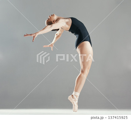 Mockup, balance or girl ballet dancing for fitness, art or creative freedom performance in studio. Space, dancer or woman ballerina training to exercise body or practice skill on white background Mockup, balance or girl ballet dancing for fitness, art or creative freedom performance in studio. Space, dancer or woman ballerina training to exercise body or practice skill on white background 137415925