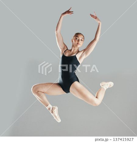 Jump, portrait or woman ballet dancing or moving on air for art or creative performance on studio mockup. Art, dancer or woman ballerina training to exercise body or practice pose on white background 137415927
