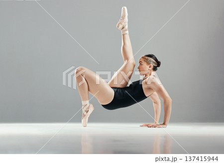 Balance, ballet mockup or woman in pose for flexibility, freedom or creative performance in studio. Space, dancer or girl ballerina training body to exercise or practice routine on white background 137415944