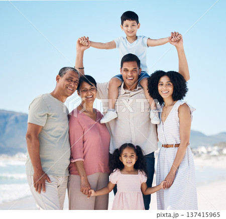 Beach, portrait and parents, grandparents and children together with smile, love and blue sky on summer holiday in Mexico. Happy family, men and women with kids on ocean holiday travel in nature. 137415965
