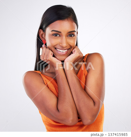 Fashion, smile and portrait of woman in dress at studio isolated on a white background. Happy face, style and confident Indian model in formal clothes for party, luxury event and elegant aesthetic 137415985