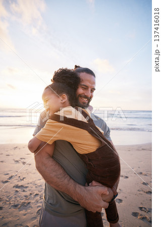 Beach, hug and father with girl, smile and bonding with vacation, island travel and happiness. Parent, happy dad and kid embrace, child and seaside holiday with tropical getaway, adventure and love 137416018
