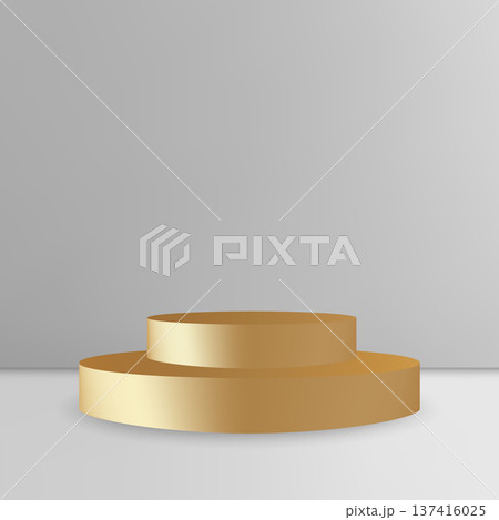 Golden round 3D podium on gray background, premium product pedestal. Eps 10 Golden round 3D podium on gray background, premium product pedestal. Eps 10 137416025