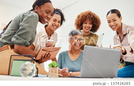 Business women, meeting and laptop for planning, design teamwork and brainstorming in notebook of website ideas. Group of people in collaboration and writing goals, branding and marketing on computer 137416265
