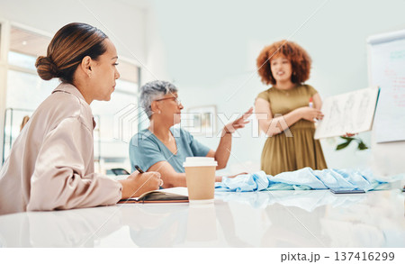 Creative woman, fashion and drawing in planning, presentation or meeting for ideas at office. Female person or manager with sketch in team discussion, retail startup or clothing project at workplace Creative woman, fashion and drawing in planning, presentation or meeting for ideas at office. Female person or manager with sketch in team discussion, retail startup or clothing project at workplace 137416299