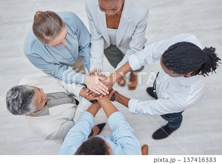 Hands stack, group circle and business people celebrate community cooperation, synergy or corporate meeting. Top view, project collaboration or staff partnership, solidarity and team building support 137416383