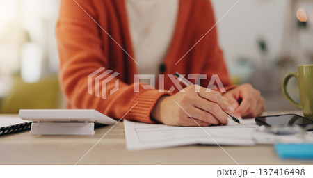 Remote work, Accountant and businesswoman working from home calculating financial budget. Freelance, worker and professional employee review report and planning company investment and writing Remote work, Accountant and businesswoman working from home calculating financial budget. Freelance, worker and professional employee review report and planning company investment and writing 137416498