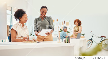 Paperwork, smile and business people planning, conversation and discussion in a workplace. Women, teamwork and partnership with ideas, cooperation and discussion with documents, ideas and talking 137416524