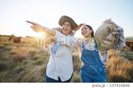 Hand pointing, happy and women on a farm for sustainability, agro and cattle farming together. Farmer, team female friends in a field for agriculture, eco friendly and livestock, cow or animal check 137416606