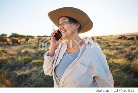 Woman, farmer and phone call in countryside with cow, person and cattle on farm with smile for live stock in nature. Happy, female worker or social network, connection and communication in rural land Woman, farmer and phone call in countryside with cow, person and cattle on farm with smile for live stock in nature. Happy, female worker or social network, connection and communication in rural land 137416615