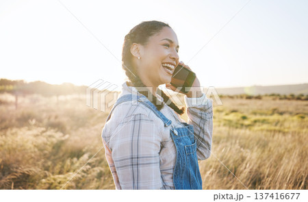 Happy woman, farm or phone call for talking, speaking or networking with contact in conversation. Smile, farmer or small business owner on mobile communication for agriculture or sustainability ideas 137416677