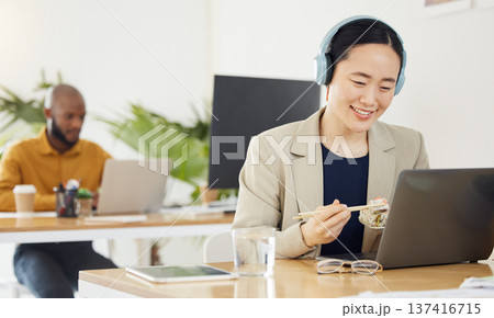 Call center, smile and woman with fast food, lunch or break on laptop in office consulting for crm, contact us or faq. Customer service, telemarketing and lead generation consultant online with sushi Call center, smile and woman with fast food, lunch or break on laptop in office consulting for crm, contact us or faq. Customer service, telemarketing and lead generation consultant online with sushi 137416715
