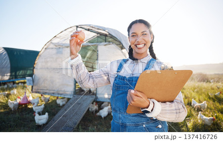 Farm, poultry and a woman with an egg for inspection and a clipboard for quality control. Chicken farming, sustainability and portrait of farmer person with organic produce outdoor for agriculture Farm, poultry and a woman with an egg for inspection and a clipboard for quality control. Chicken farming, sustainability and portrait of farmer person with organic produce outdoor for agriculture 137416726