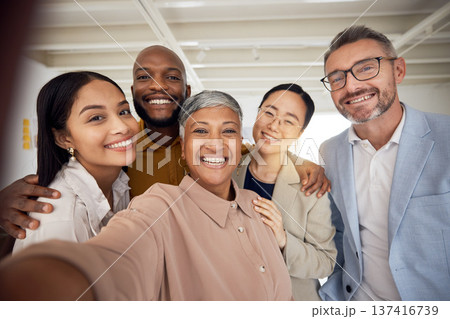 Portrait, selfie and team of business people smile in office for global staff collaboration. Diversity, happy employees or friends in profile picture about us on social media blog for company culture Portrait, selfie and team of business people smile in office for global staff collaboration. Diversity, happy employees or friends in profile picture about us on social media blog for company culture 137416739