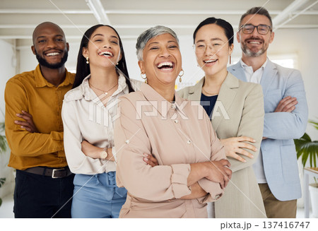 Business people, laughing and arms crossed portrait in a office with diversity and senior woman ceo. Company, management team and funny joke of professional leadership and creative agency group Business people, laughing and arms crossed portrait in a office with diversity and senior woman ceo. Company, management team and funny joke of professional leadership and creative agency group 137416747