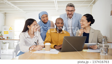 Business people, laptop and team, meeting or planning in marketing, website design and office presentation. Group of men and woman on computer for teamwork, online research and project collaboration Business people, laptop and team, meeting or planning in marketing, website design and office presentation. Group of men and woman on computer for teamwork, online research and project collaboration 137416763
