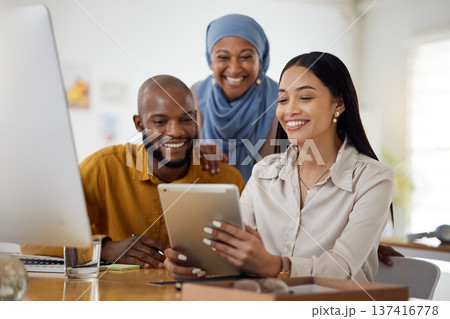 Happy creative people, tablet and meeting in teamwork, online collaboration or research at office. Group of employees smile on technology in communication or networking for startup at the workplace 137416778