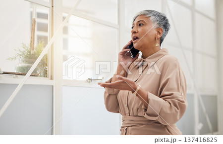 Senior woman, phone call and networking in a office with a smile and mobile conversation for work. Person, female professional and discussion from contact and communication for business online Senior woman, phone call and networking in a office with a smile and mobile conversation for work. Person, female professional and discussion from contact and communication for business online 137416825