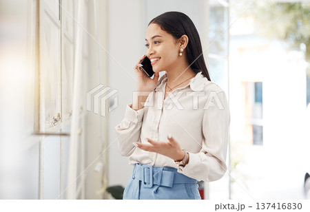 Business, woman and happy phone call for communication, feedback and mobile chat in office. Employee, smile and talking on smartphone for contact, consulting and thinking of conversation at window Business, woman and happy phone call for communication, feedback and mobile chat in office. Employee, smile and talking on smartphone for contact, consulting and thinking of conversation at window 137416830
