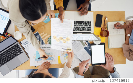 Business people, team hands and documents for meeting, planning and branding or marketing proposal above. Teamwork on digital tablet, paperwork and computer for collaboration on website design mockup 137416915