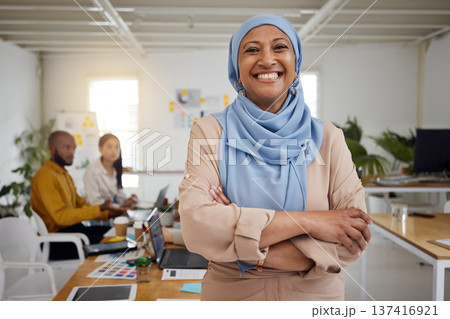 Leadership, Muslim woman portrait and arms crossed of business manager in a office with a smile. Company leader, management and mature female professional with a hijab ready for a team meeting 137416921