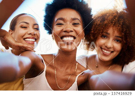 Happy, friends and selfie of African women together on social media, profile picture and post of summer holiday or vacation. People, smile and portrait with happiness in online blog or memory Happy, friends and selfie of African women together on social media, profile picture and post of summer holiday or vacation. People, smile and portrait with happiness in online blog or memory 137416929