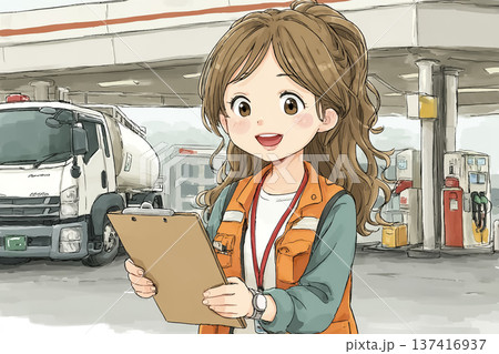 ガソリンスタンドで燃料供給業務を行う女性スタッフ｜エネルギー物流の現場イメージ 137416937