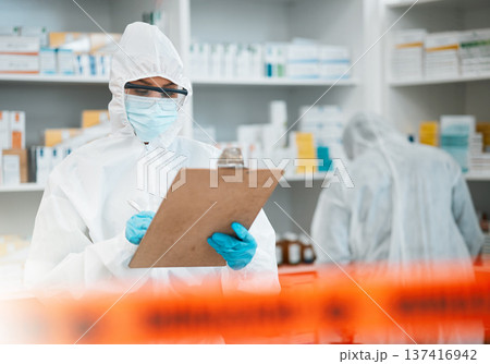 Pharmacy clipboard, red tape and people inspection of hospital medicine, clinic investigation or safety review. Healthcare policy checklist, team PPE or compliance teamwork on medical product storage 137416942