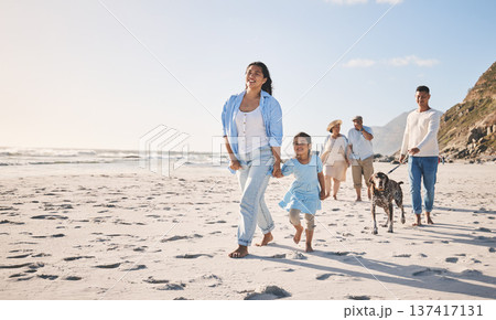 Family, beach and walking outdoor with a dog in summer for fun, freedom and vacation. People, child and a pet travel together on sand at sea on holiday with space, love and happiness in nature Family, beach and walking outdoor with a dog in summer for fun, freedom and vacation. People, child and a pet travel together on sand at sea on holiday with space, love and happiness in nature 137417131