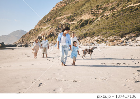Family, walking and outdoor with a dog at the beach in summer for fun, freedom and vacation. People, child and a pet travel on sand at sea on holiday with health, love and happiness in nature Family, walking and outdoor with a dog at the beach in summer for fun, freedom and vacation. People, child and a pet travel on sand at sea on holiday with health, love and happiness in nature 137417136