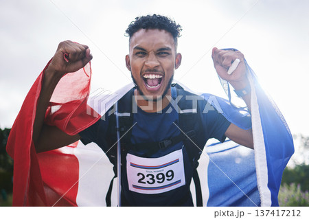 Runner man, celebration portrait and flag for France, pride and excited for fitness, goals and success in nature. Athlete guy, happy winner or champion with cloth, fabric or sign with fist at contest Runner man, celebration portrait and flag for France, pride and excited for fitness, goals and success in nature. Athlete guy, happy winner or champion with cloth, fabric or sign with fist at contest 137417212