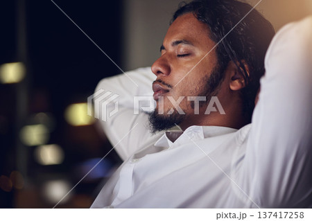 Business man, sleeping and tired in office with night fatigue, time management or relax and calm in IT company. Professional worker with dream job, information technology break and mental health Business man, sleeping and tired in office with night fatigue, time management or relax and calm in IT company. Professional worker with dream job, information technology break and mental health 137417258