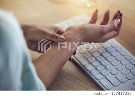 Wrist problem, computer keyboard or woman hands with carpal tunnel syndrome, osteoarthritis or joint pain. Closeup, copywriting typing fatigue and person with arthritis risk, fibromyalgia or injury 137417283