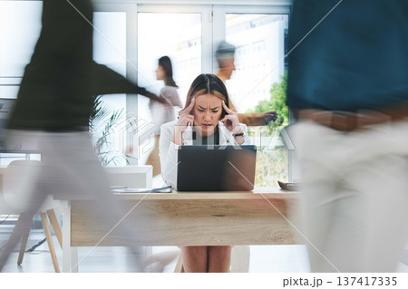 Headache, stress and business woman on laptop in busy office with vertigo, mistake or disaster. Anxiety, migraine and manager frustrated by glitch, 404 or internet, delay or mental health crisis 137417335
