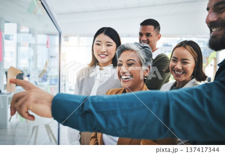 Happy, writing and staff at glass board for creative marketing with sticky notes and pointing. Calendar planning, content creator schedule and management staff laughing in a business meeting teamwork 137417344