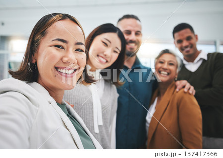 Selfie, portrait and group of business people smile in office for support of global team building. Diversity, employees and face asian woman with friends for profile picture about us on social media 137417366