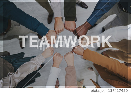 Business people, hands and fist in circle, teamwork or unity above in collaboration, trust or support together at office. Top view of group meeting in community, team building or banner at workplace Business people, hands and fist in circle, teamwork or unity above in collaboration, trust or support together at office. Top view of group meeting in community, team building or banner at workplace 137417420