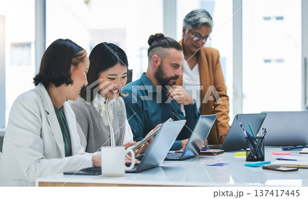 Business people, laptop and meeting, marketing team and creative group at digital agency with research online. Man, women and diversity, working together and senior leader with branding strategy 137417445